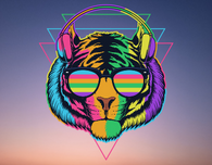 picture of a neon tiger wearing headphones 